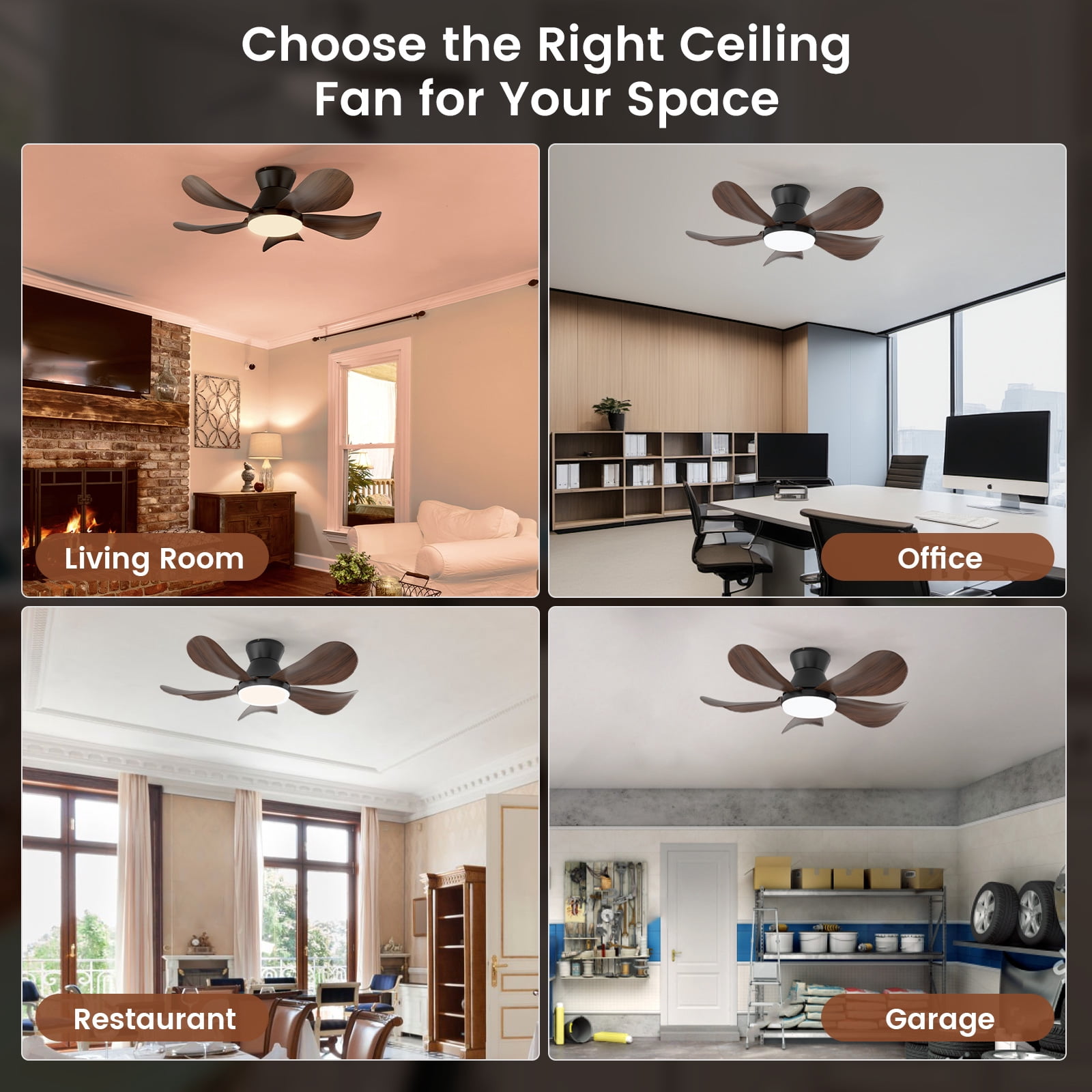 BLITZWILL Ceiling Fans with Lights and Remote & App Control,26 inch Low Profile Modern Ceiling Fans with 5 Reversible Blades,3 Colors Dimmable 6 Speeds Quiet, for Bedroom Kitchen Garage,Walnut