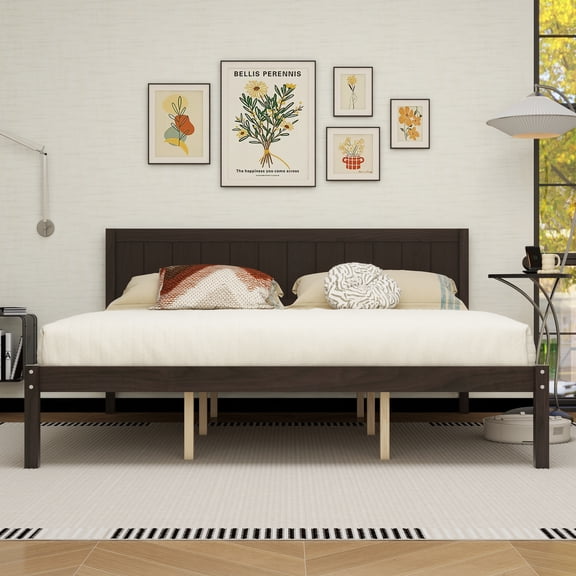 LFSLJJMY Platform Bed Frame with Headboard , Wood Slat Support , No Box Spring Needed ,King,Espresso