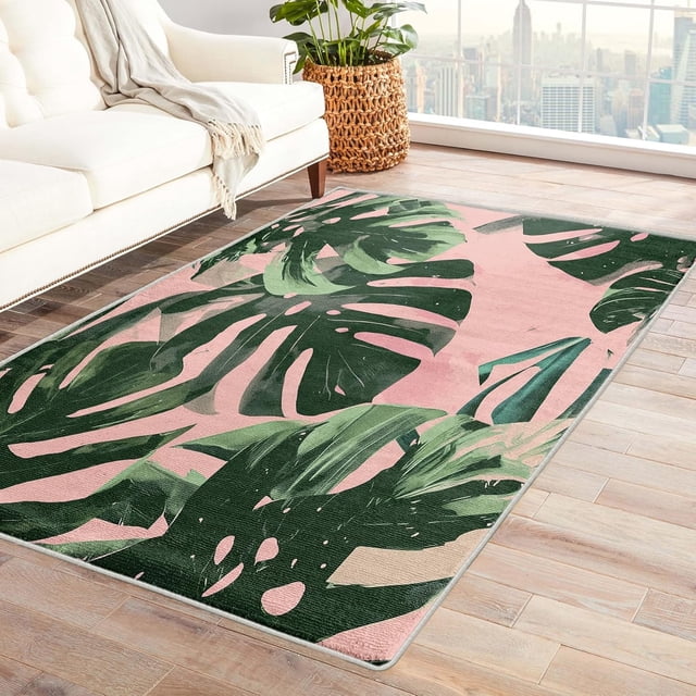 Monstera Living Room Rug - 6x9 Area Rugs, Tropical Leaf Cozy Machine Washable Non Skid Rugs, Leaves Pink Low Pile Stain Resistant Large Carpets for Bedroom Dining Room Dorm