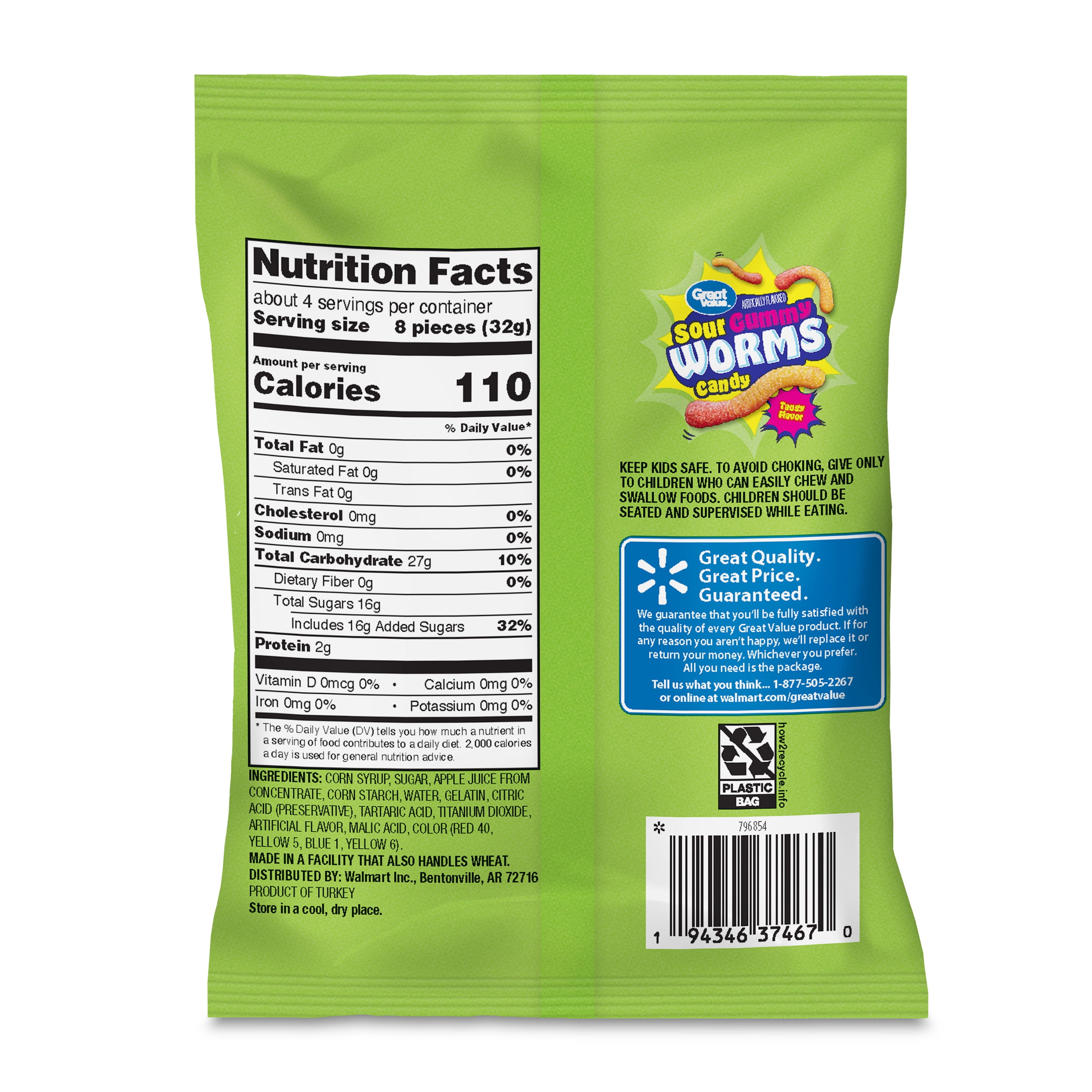 Great Value Sour Gummy Worms Candy, 4 oz