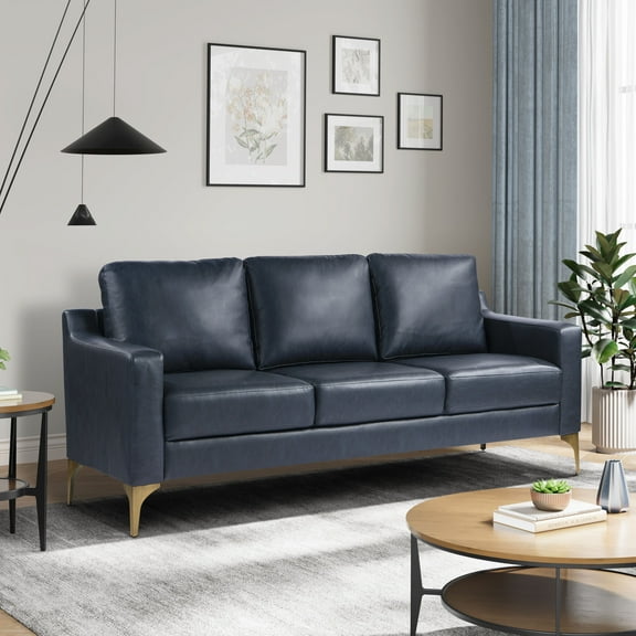Serta Hemsworth Mid-Century Modern Style Sofa, Navy Blue Faux Leather