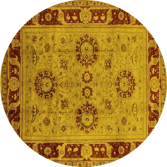 Ahgly Company Machine Washable Indoor Round Oriental Yellow Industrial Area Rugs, 4' Round