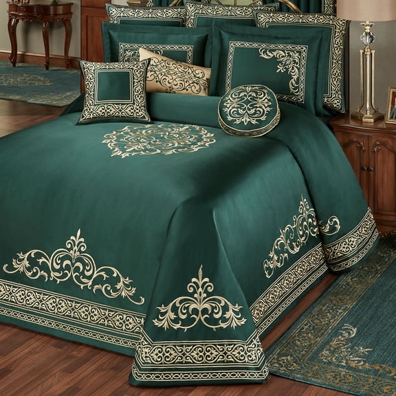 Balmoral Royal Style Bedding, Gold-Embroidered Emerald Green, 3-pc Queen Bedspread Set