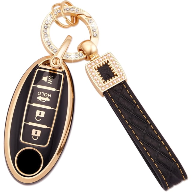 Car Key Fob Cover Fit for Niss-an Altima Rogue Sentra Pathfinder Armada Maxima Murano 5 Buttons Soft TPU Smart Key Case White Key Protector with Bling Leather Keychain,1,Black
