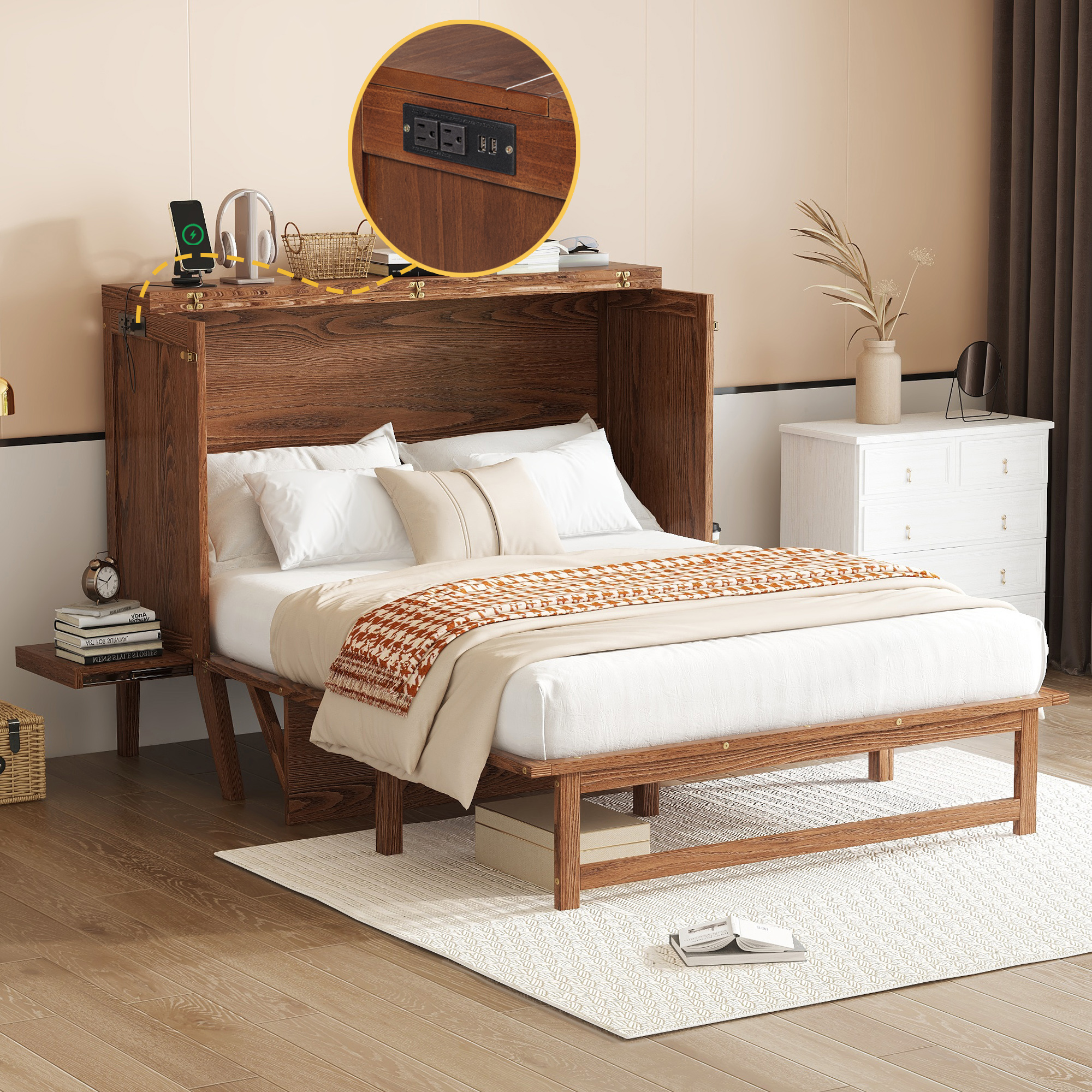 Sailvan Full Size Murphy Bed with USB Port Shelves on Each Side, Solid Pine Murphy Cabinet Bed