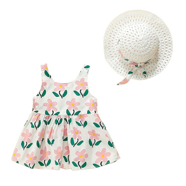 Robe pour Nouveau-Né Sans Manches Robe Tutu pour Bébé Robe d'Été pour Fille avec Chapeaux Ensemble 2 Pcs pour Bébé Fille 90/8