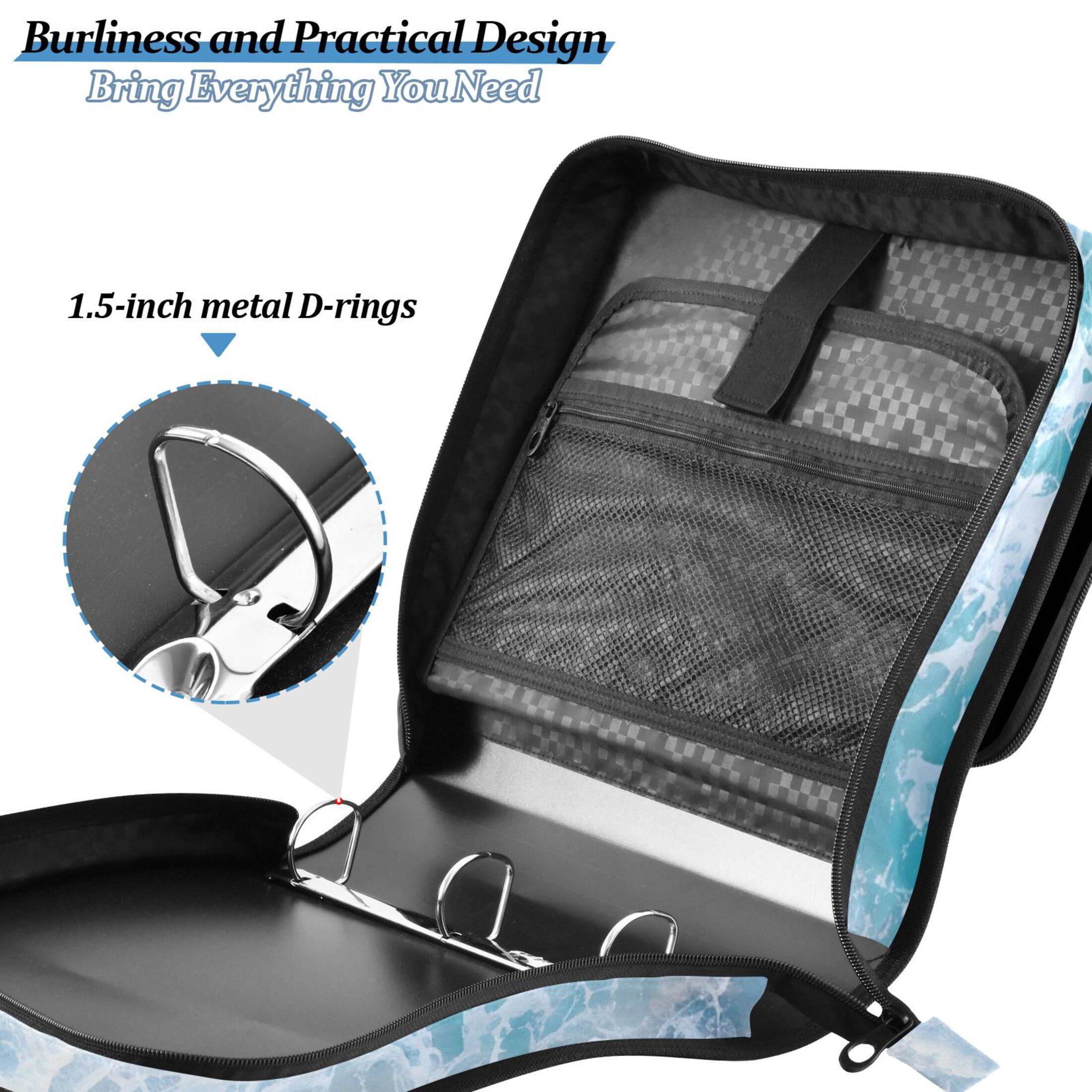3 Ring Zipper Binder with Shoulder Strap Waterproof Trapper Keeper 2 Inch D-Ring 500 Sheets Capacity Beach and Waves