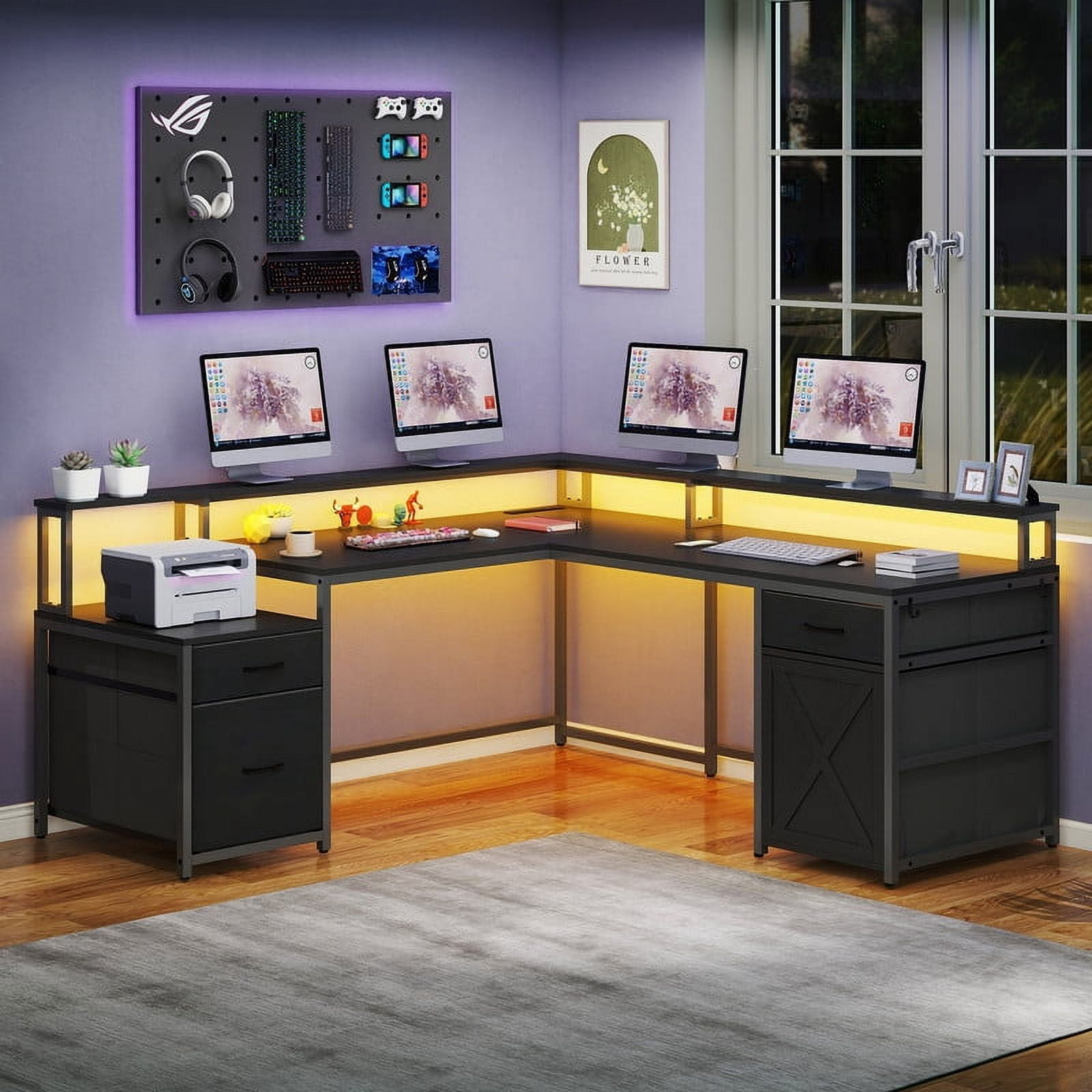 Uforic L Shape Desk with 3 Drawers& Monitor Stand, Reversible Computer Desk with LED Light& Power Outlet, Corner Gaming Desk Home Office Desk, Black
