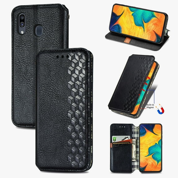 Galaxy A30 Case, Premium PU Leather TPU Wallet Cover with Card Holder Kickstand Hidden Magnetic Adsorption Shockproof Flip Folio Cell Phone Protective Case for Samsung Galaxy A30,Black