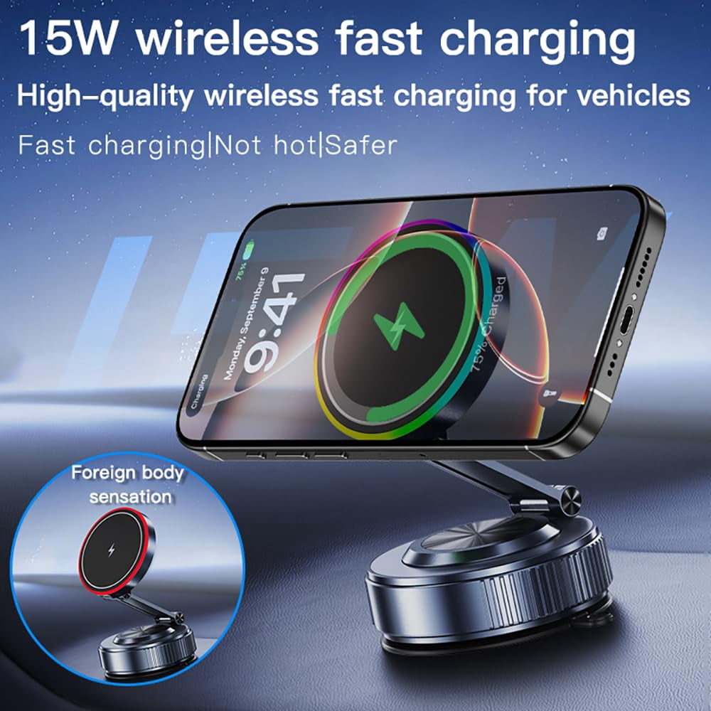 For MagSafe Car Mount Charger[15W Wireless Fast Charging], Car Vacuum Magnetic Phone Holder[120LBS Ultra Suction Cup & 3000gf Magnet ], Adjustable Suction Phone Mount for Your Car for iPhone 17-12