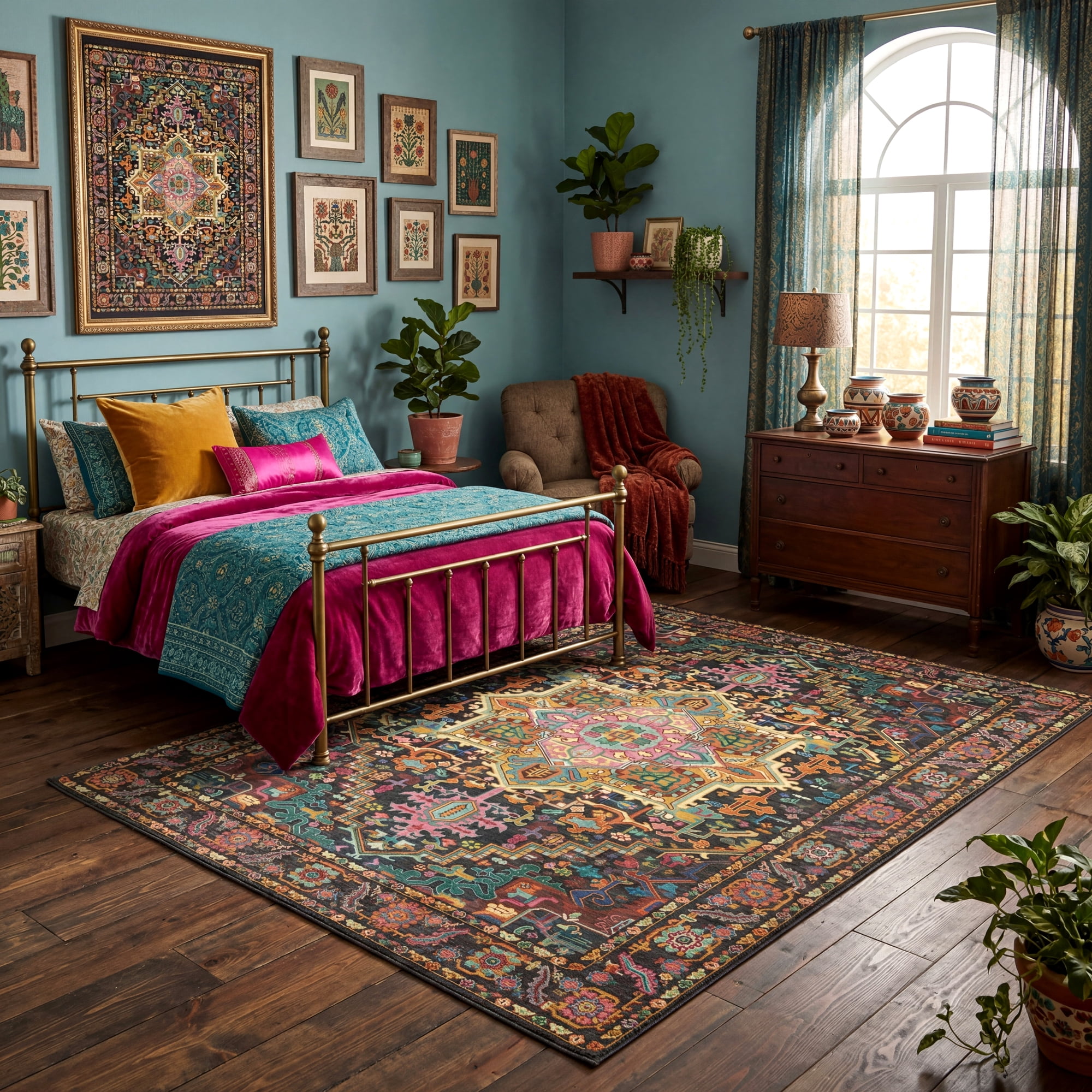 Kokia 6x9 Vintage Oriental Area Rug for living Room, Black and Pink Low Pile Stain Resistant Non-Slip Washable Rug for Bedroom with Distressed Medallion Pattern
