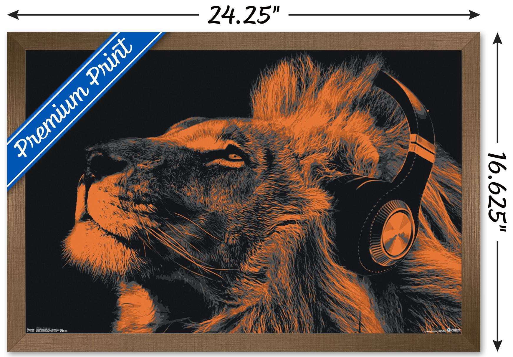 Lion With Headphones Wall Poster, 14.725" x 22.375", Framed