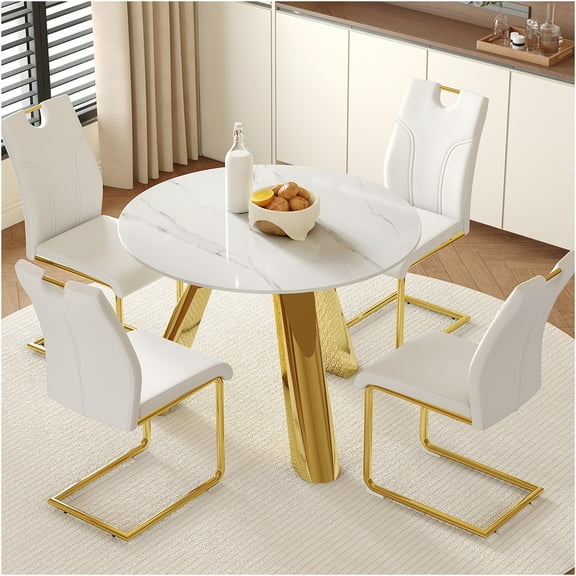 JERFIT 4-Piece Dining Set, 42 inch Round Table with 4 Chairs, White and Gold Modern Kitchen Table Set for 4, Sintered Stone Top and Metal Legs