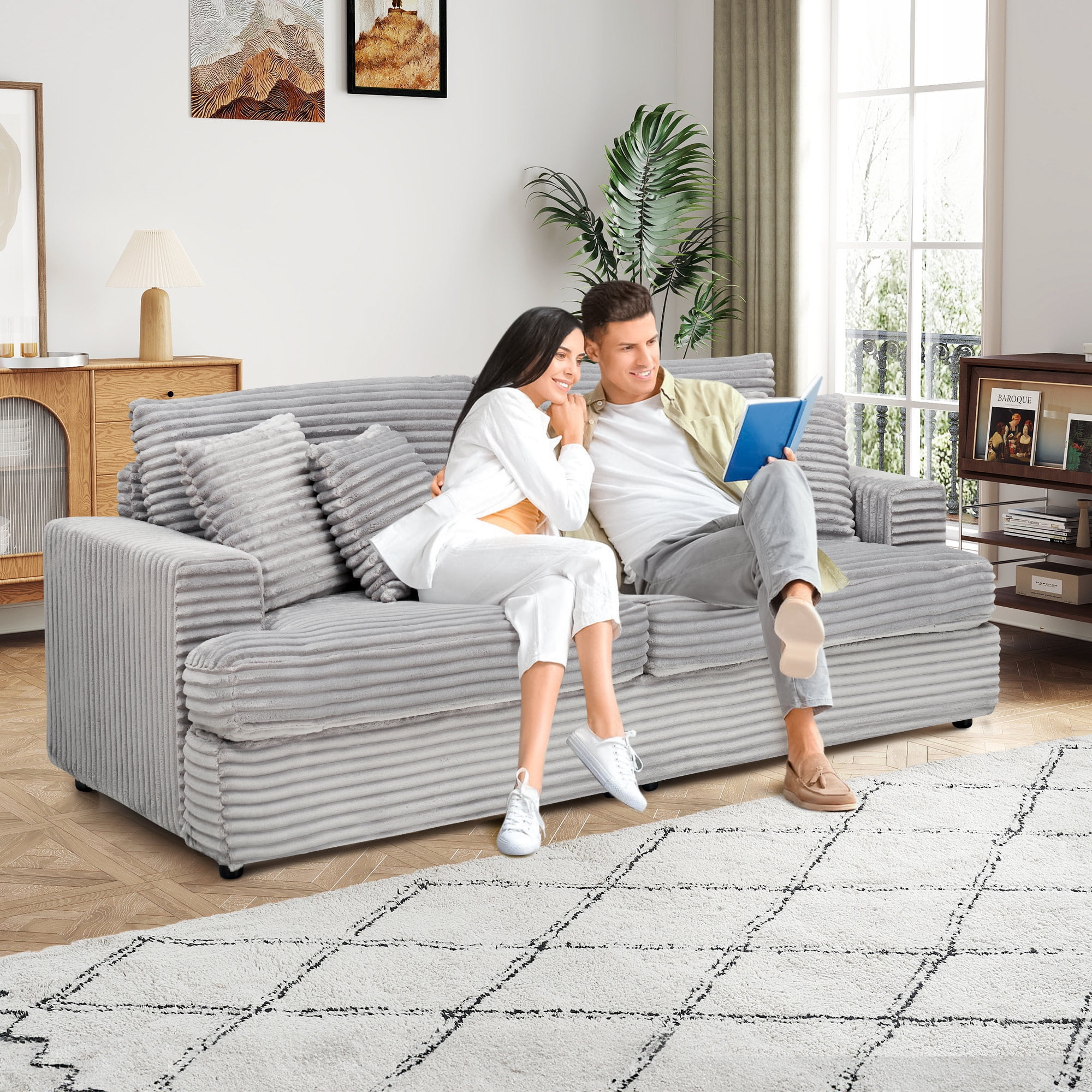 Dinosisco Corduroy Loveseat Sofa, Upholstered 3-Seater Sleeper Couch for Living Room, Gray