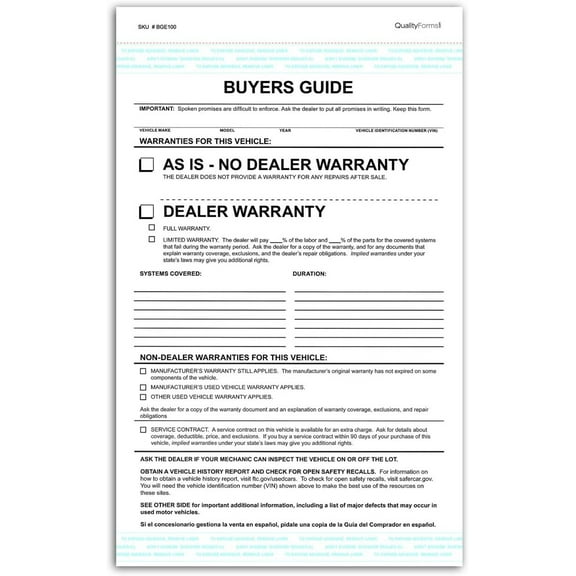2 Part Dealer Buyers Guide Form, English Format - As is - No Dealer Warranty/Dealer Warranty 100