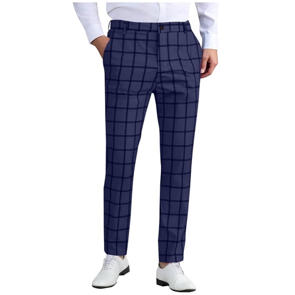 Generic Men's Plaid Baggy Fashion Dress Pants Comfortsof Straight Leg Trousers Zipper Casual Trousers with Pockets