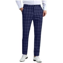 Iugvhana Men's Fashion Plaid Stretch Dress Pants Slim Fit Casual Formal Pants Skinny Business Golf Dress Pants Dark Blue L