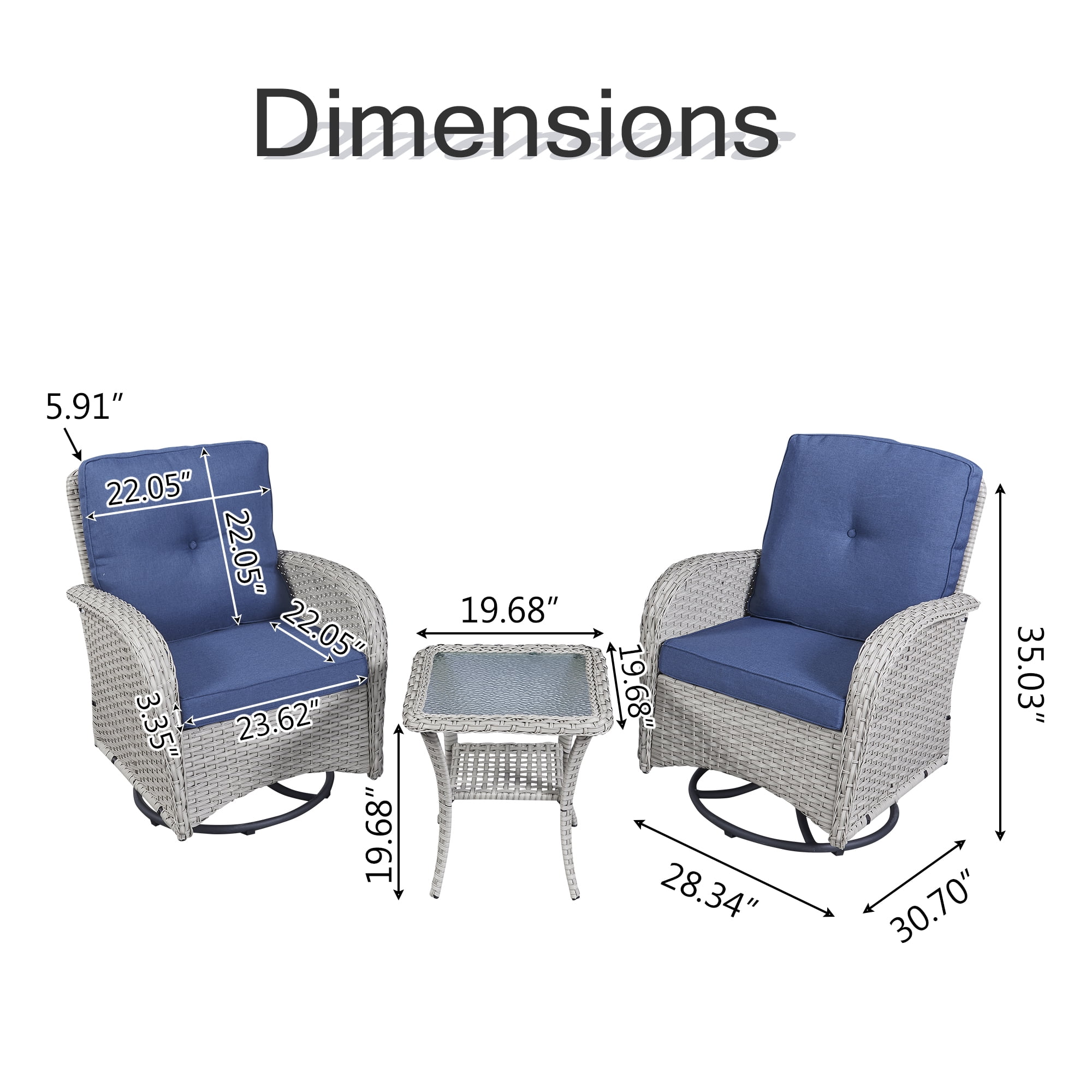 PARKWELL 3 Pieces Outdoor Swivel Gliders Rocker Set,High Back Wicker Patio Chairs with Side Table,Light Gray Rattan Deep Seating Furniture with Non-Slip Navy Cushion for Porch Deck Backyard