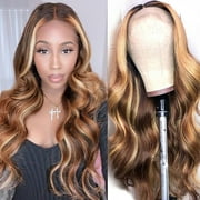 Highlight Body Wave Lace Front Wigs 13x1 Frontal Human Hair Wigs for Black Women Pre Plucked T Shape SEXYCAT Wet and Wavy #4/27 Ombre Colored Wigs Strawberry Blonde to Brown 24inch