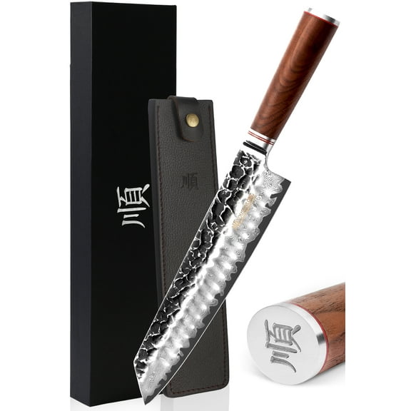 YOUSUNLONG Kiritsuke Chef Knife 10 Inch Japanese Damascus Hammered Steel Kitchen Knives, Natural Walnut Wooden Handle