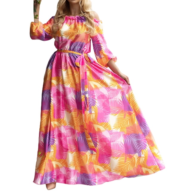 Sunloudy Vestido de manga larga casual para mujer, estampado a la moda, cuello de barco, vestido largo con cinturón Sunloudy moda