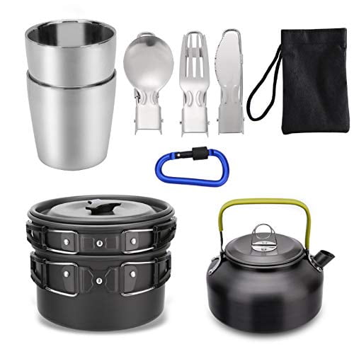 Odoland 10pcs Camping Cookware Mess Kit Lightweight Pot Pan Kettle with 2 Cup... 