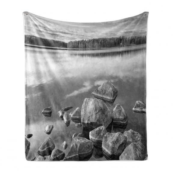 Black and White Soft Flannel Fleece Blanket, Rocks in Water at Shore of Lake Autumn Isolation Tranquility Environment, Cozy Plush for Indoor and Outdoor Use, 50" x 60", Black White, by Ambesonne