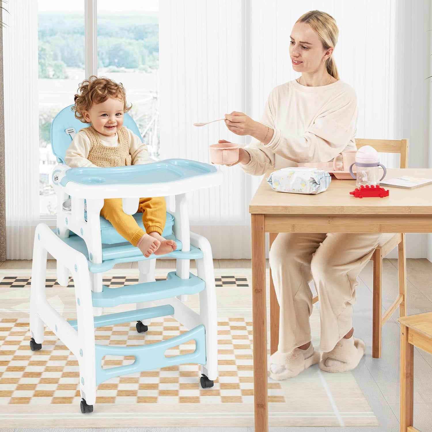 INFANS 5 in 1 Baby High Chair, Convertible Toddler Table with Rocking Chair, Adjustable Back, Removable Tray, Sponge