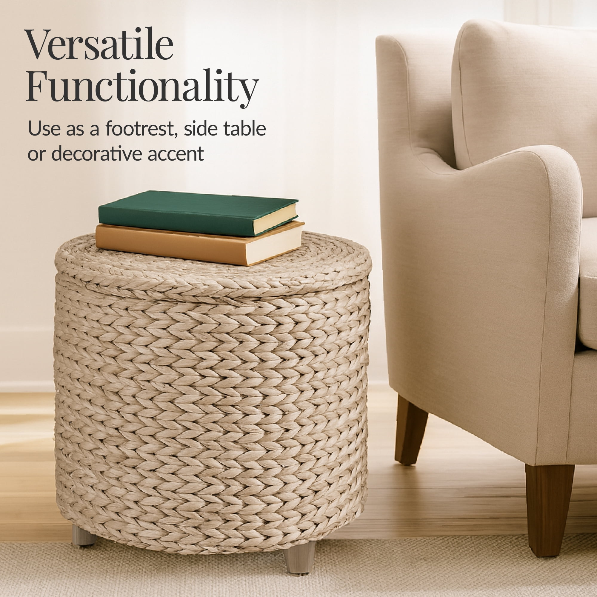 Best Choice Products 17" Round Storage Ottoman with Lid - Handwoven Water Hyacinth Modern Footstool, Whitewash