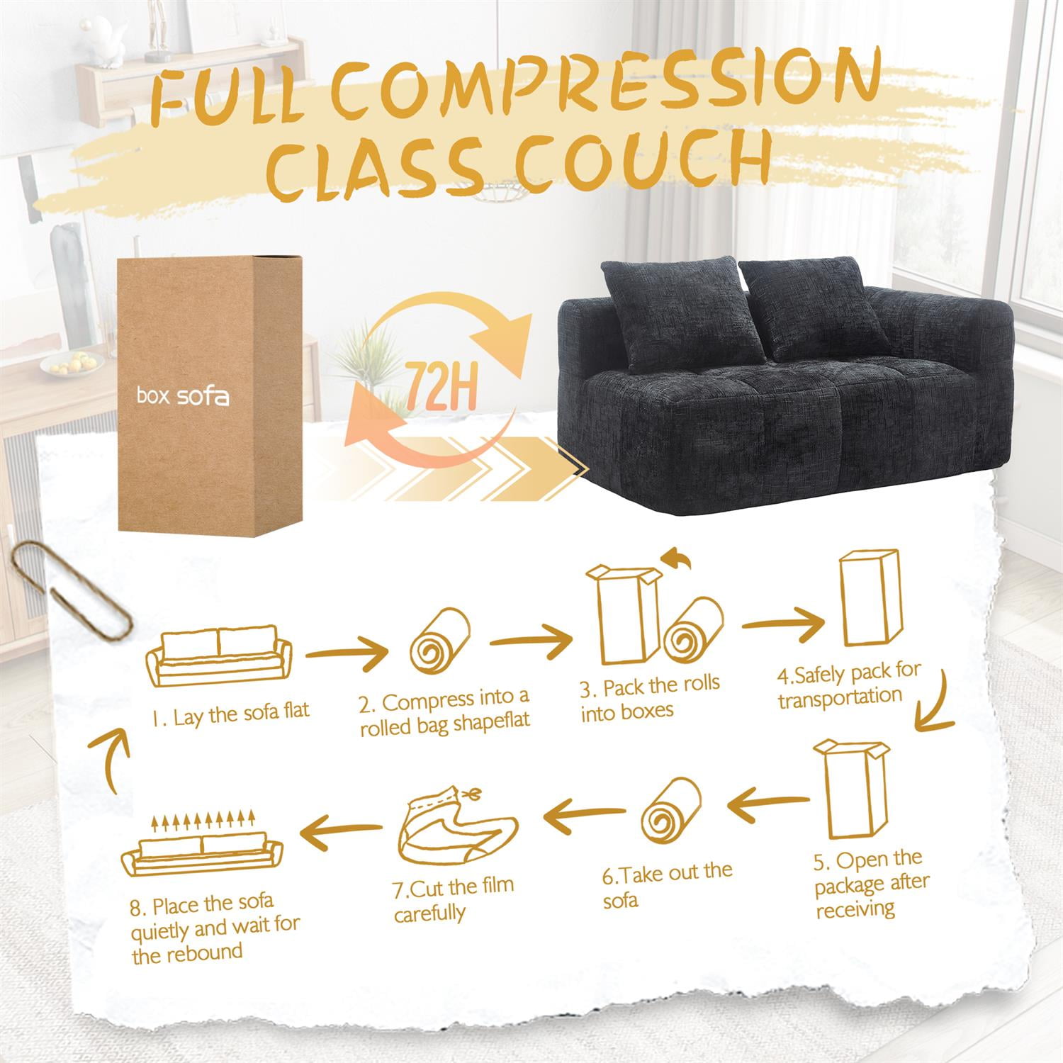 Demi Bonn 62" Plush Chenille Loveseat Sofa, Modular Sleeper for Living Room, Bedroom, Apartment Lounge, Stylish & Comfortable Couch, Black