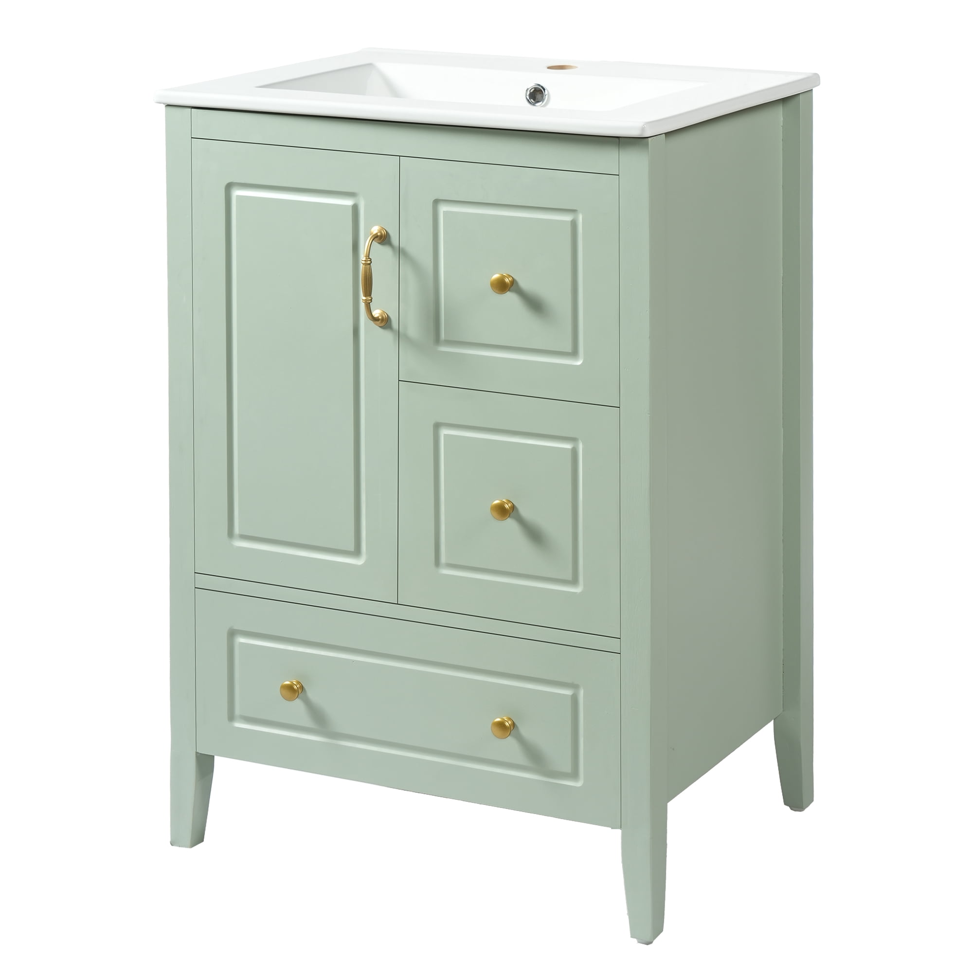 Harper & Bright Designs 24" Retro Bathroom Vanity with Sink, Modern Sink Bathroom Vanity with Soft-closing Door & Drawers, Freestanding Bathroom Storage Cabinet with Ceramic Basin, Light Green