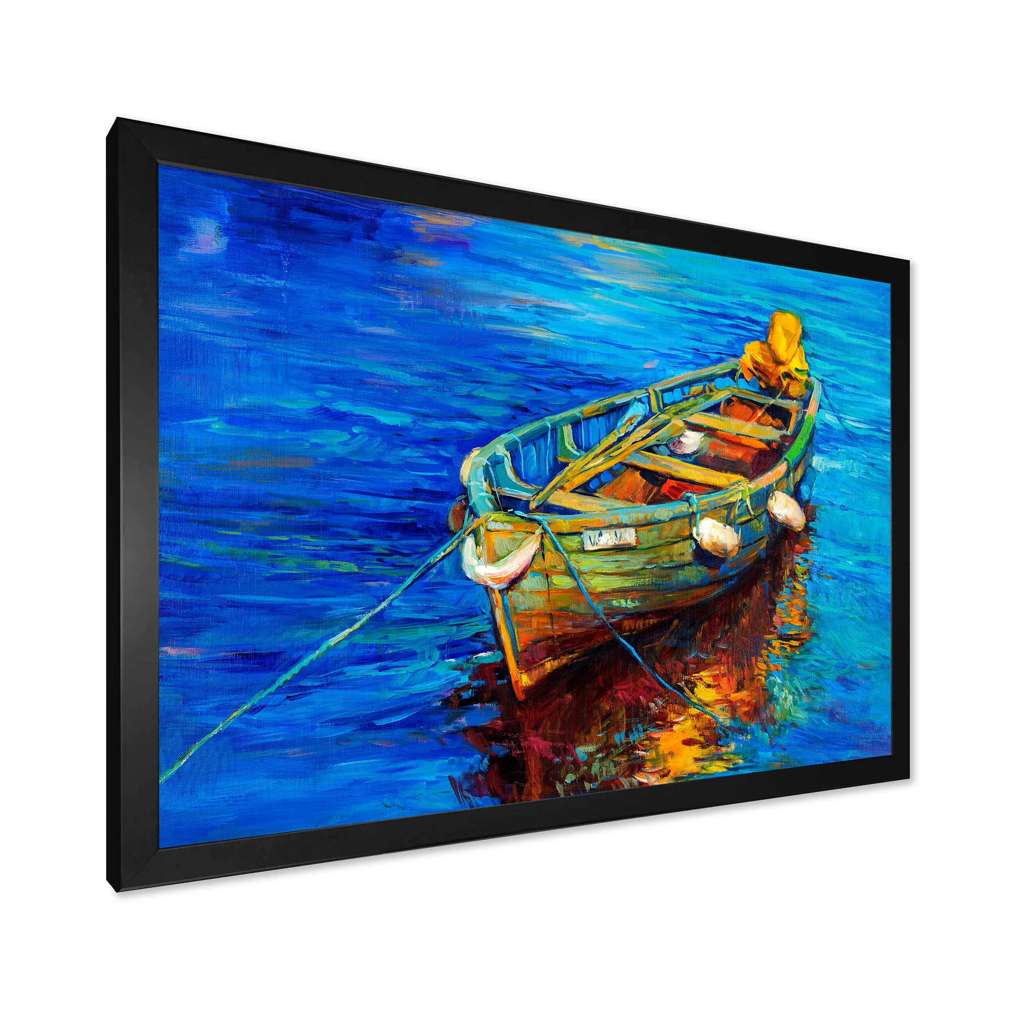 Boats During Warm Sunset Resting On The Water IV 40 in x 30 in Framed Painting Canvas Art Print, by Designart