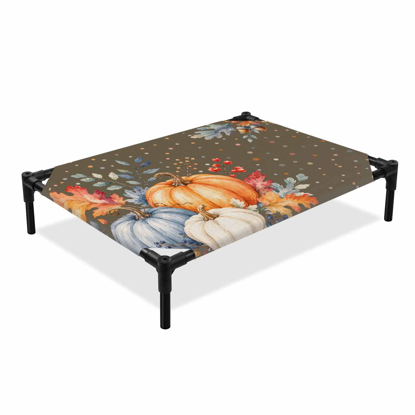 Thanksgiving Elevated Dog Bed Fall Orange White Blue Pumpkin Leaf Speckled Dots Cooling Breathable Outdoor Raised Dog Cot Bed with Metal Frame Non-Slip Feet for Large Dog 28x22in