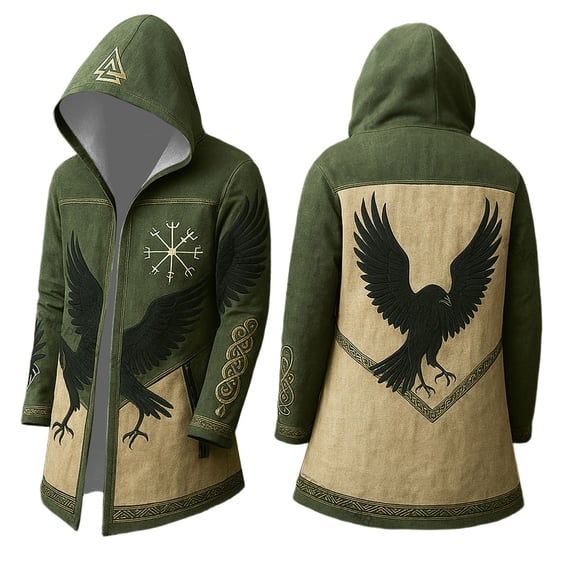 Viking Long Hoodie Cardigan Print Hooded Sweatshirt Style Sweater Relaxed Fit Open Front Army Green L
