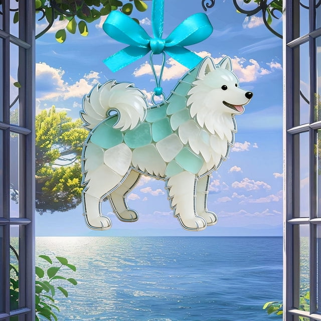 Adorno de perro de vidrio marino Decoración hecha a mano para hogar, coche o regalo – Pomerania, Husky, razas Alaskan – estilo cabaña costera, materiales reciclados
