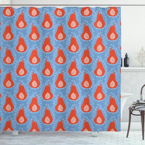 Fruit Shower Curtain, Natural Theme Food and Hand Painted Pears Pips Abstract Design Garden Art, Fabric Bathroom Set with Hooks, 69W X 75L Inches Long, Ceil Blue Vermilion, by Ambesonne