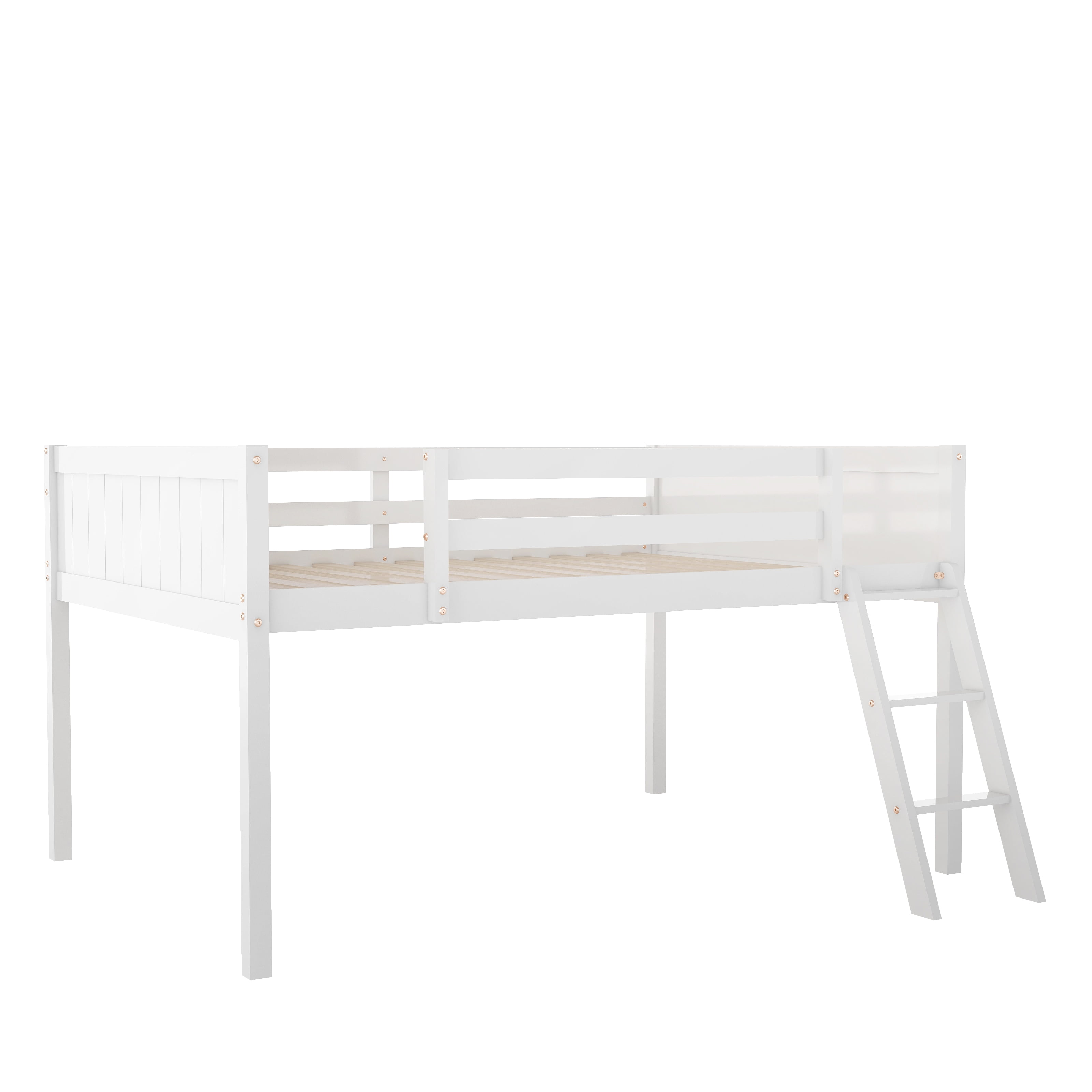MAYEERTY Full Size Wood Low Loft Bed with Ladder, ladder can be placed on the left or right, White