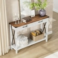 thumbnail image 2 of Table Console avec 2 Tiroirs, Table de Canapé Style Ferme avec Tablette de Rangement, Design en X sur les Côtés, Table d'Entrée en Bois Décorative, Table Étroite pour Canapé avec Pattes en Bois Massif pour Entrée Salon Couloir, 2 of 7