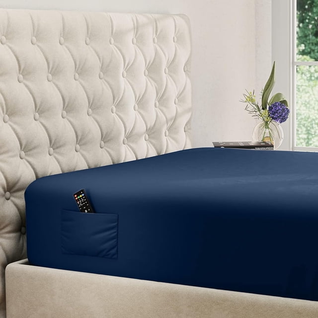 Sábana bajera ajustable DREAMCARE King con bolsillo extra profundo de 53 cm, color azul marino