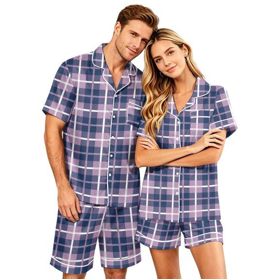 VV AVEORS Satin Couple Matching Pajamas Sets Short Sleeve Button Down Plaid Silk Pjs Set For Couples Summer Holiday Pajamas White M