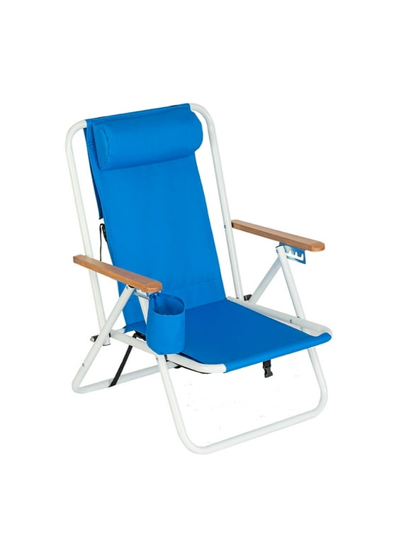 QXDRAGON Portable Backpack Beach Chair, Folding Recliner Lounge with Cup Holder and Adjustable Headrest, Blue