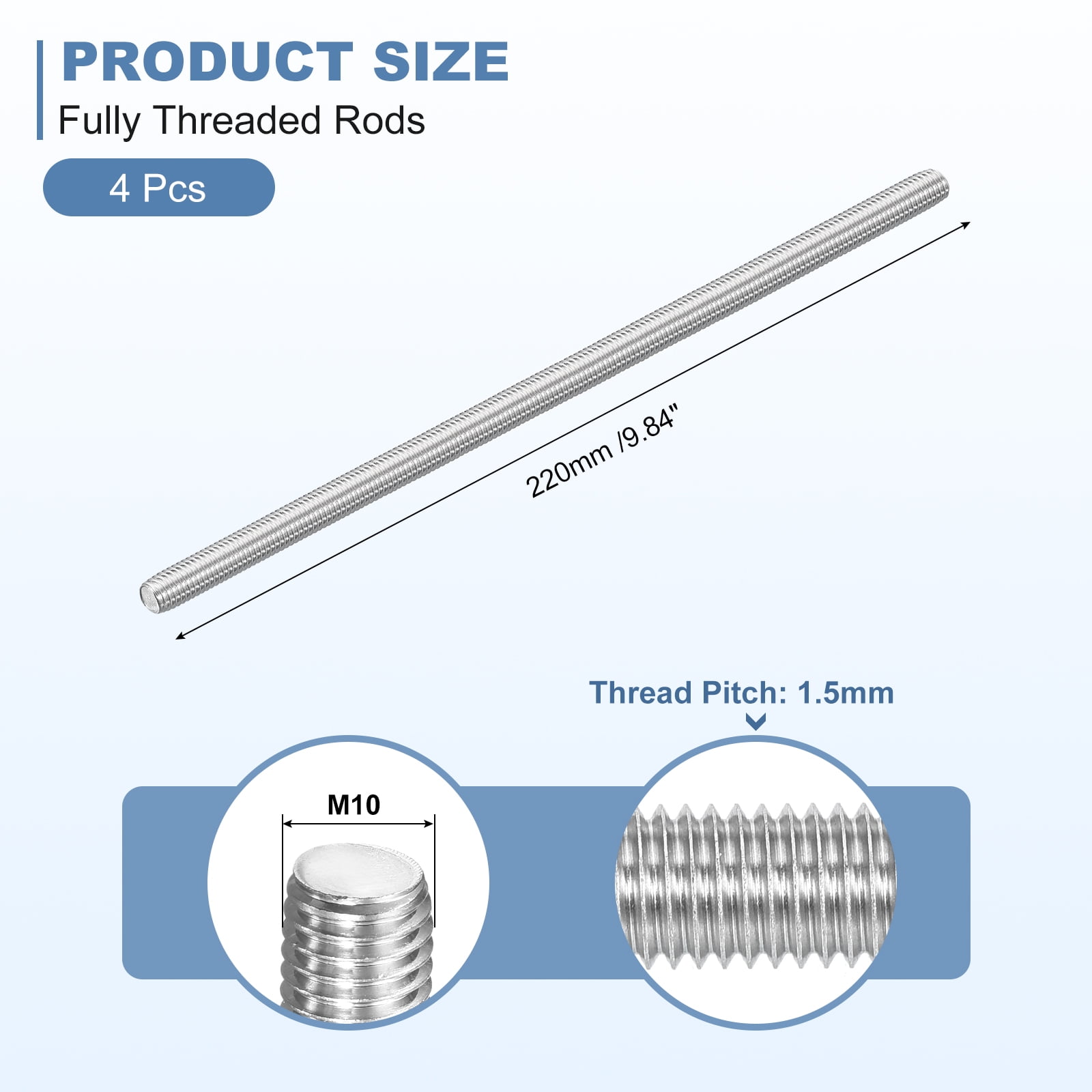 4Pcs M10-1.5x250mm Fully Threaded Rods, 304 Stainless Steel Thread Bar Studs
