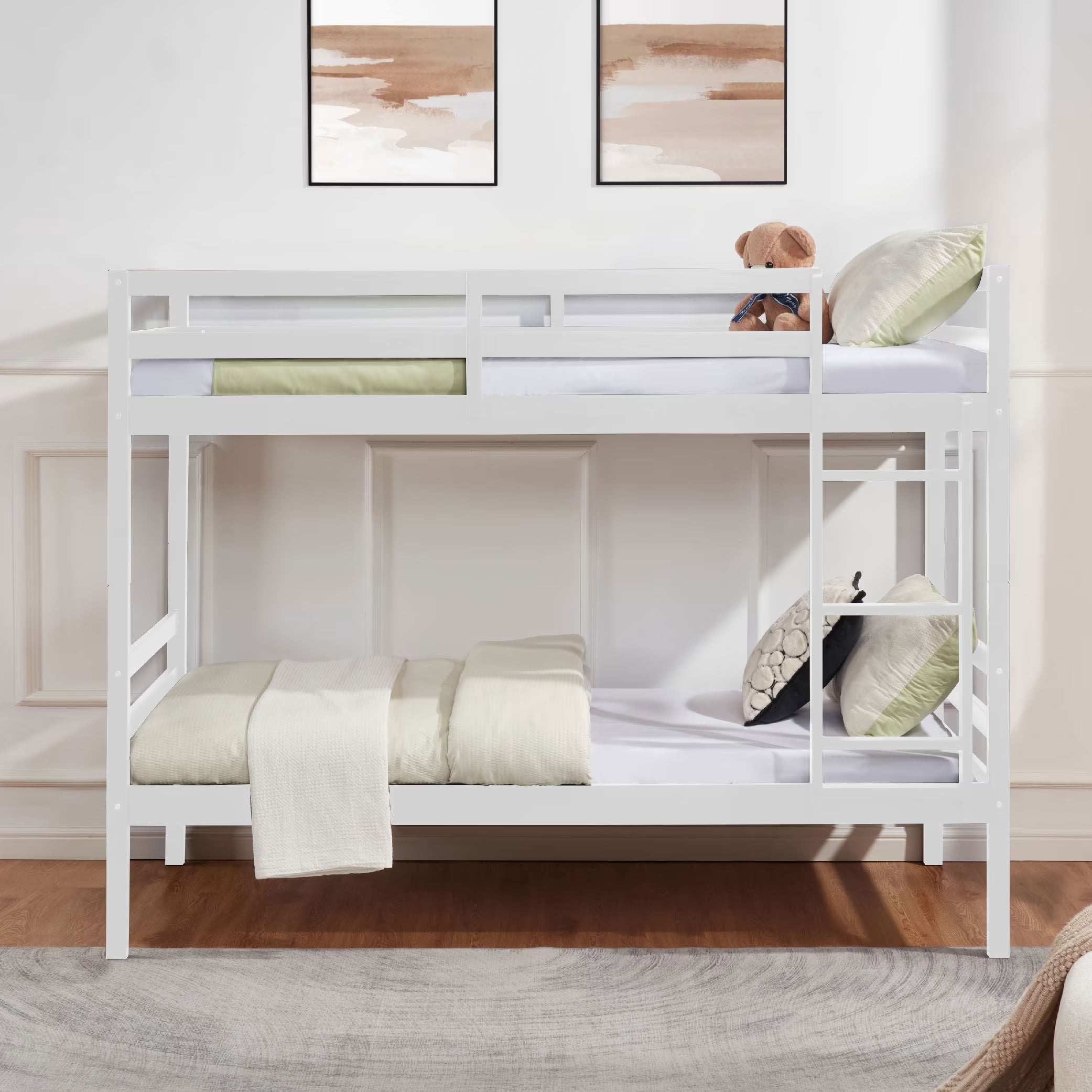 MAYEERTY Twin over Twin Wooden Bunk Bed with Ladder and High Guardrail, Space-Saving Bed Frame for Kids Teens Dorm Rooms, No Box Spring Needed