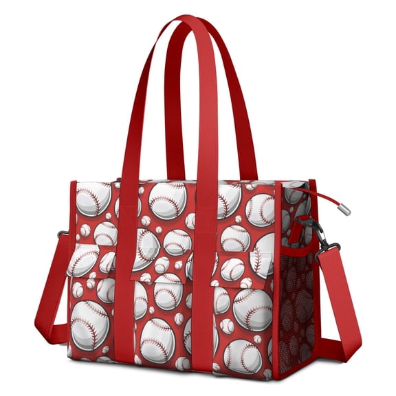 Teacher Tote Bag,Red Baseballs Pattern Teacher Utility Tote Bag,Large Work Tote Bags for Women with Multiple Pockets,Top Zipper Closure,13.8x10.6x6.7 Inch