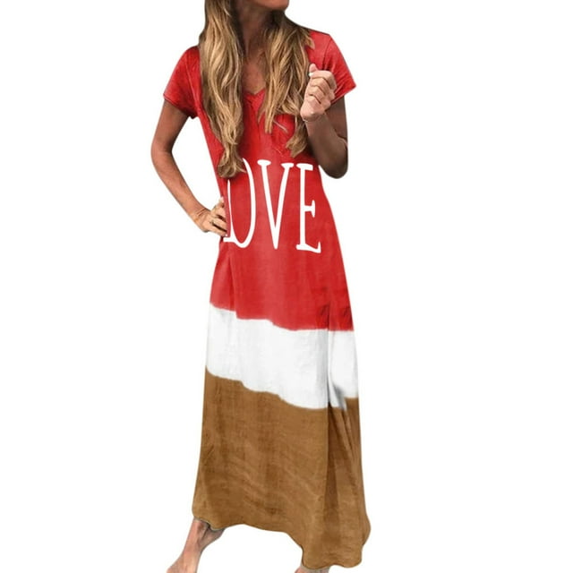 outfmvch Robe Rouge Grande Taille Quotidienne Teinture sur Nœuds Bloc Ample Col en v Manches Courtes Robe maxi Robes Femmes Robes d'Automne