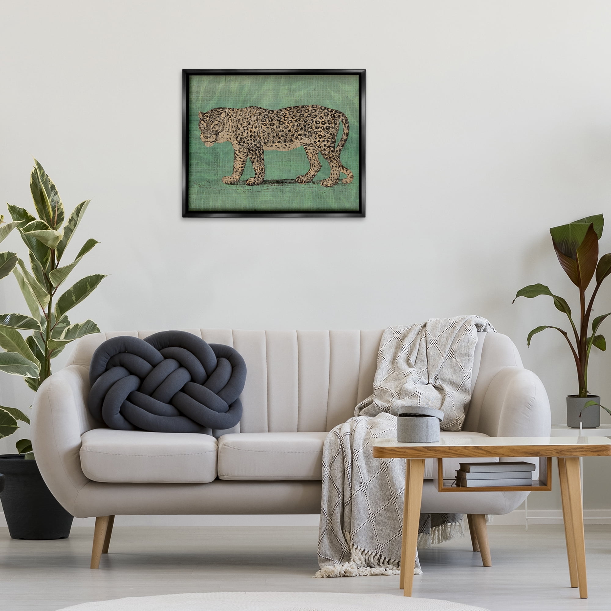 Stupell Industries Fierce Leopard on Green Animals & Insects Painting Black Floater Framed Canvas Art Print Wall Art, 31 x 25