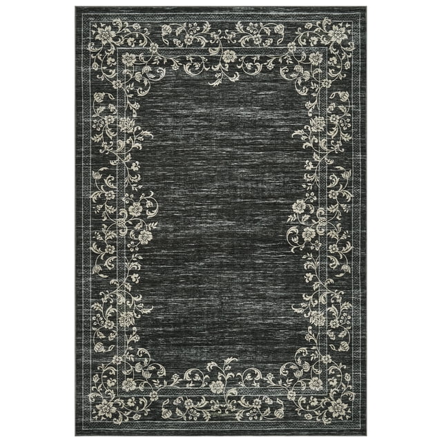 Modern Floral Bordered Area Rug - Machine Washable Low Pile Carpet, Soft Touch, Non-Slip, Mark Resistant Floor Cover for Living Room, Bedroom, Dining Room, Office - Black, 10x13ft (305x396cm)