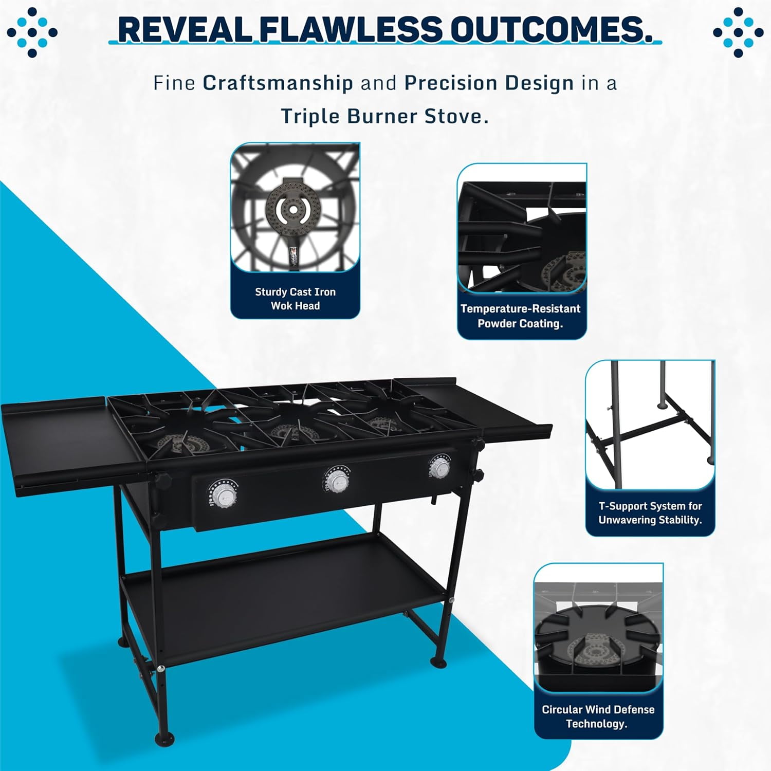 SONRET - Three Burner Propane Camping Stove - with Dual Side & Adjustable Bottom Shelf