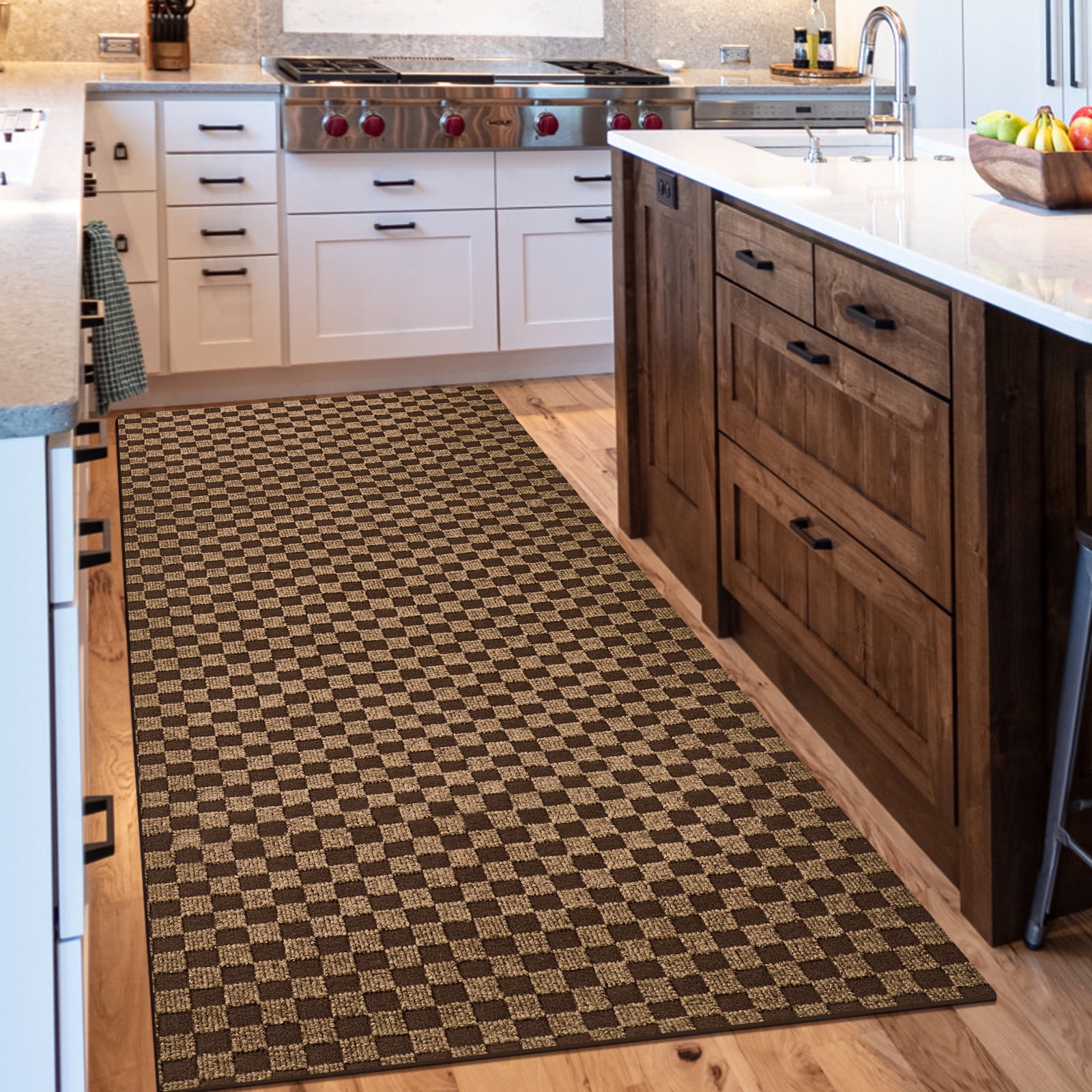 Morefany Runner Rugs Outdoor Indoor Area Rug with Rubber Backing Non Slip Carpet Custom Size Mat for Hallway Entryway Kitchen Garage Laundry checkered Brown 3' x 8'