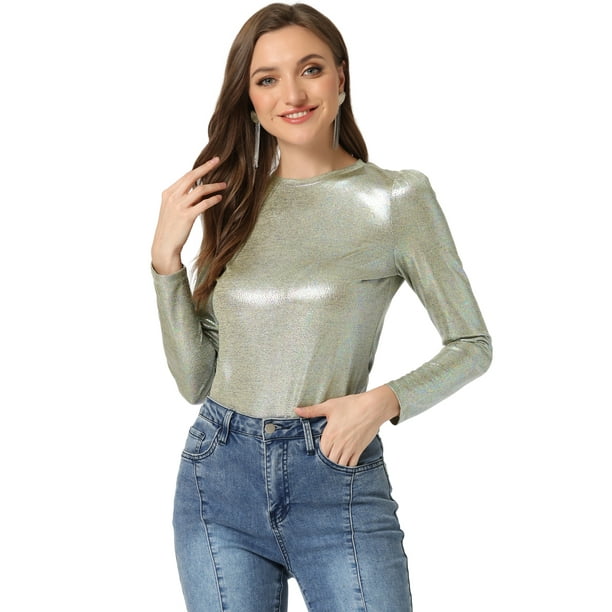 Disfraz de navidad Camisa de manga larga para mujer brillante brillante de fiesta metalico brillante Plata Brillante S Allegra K Camisa Walmart en linea